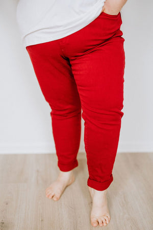 JUDY BLUE HIGH WAIST DOUBLE ROLLED CUFFED JOGGER JEANS IN SCARLET