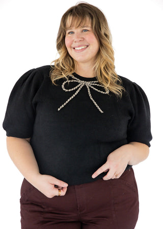 Half Sleeve Beaded Bow Sweater Top – Black