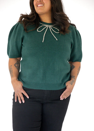 Half Sleeve Beaded Bow Sweater Top – Green