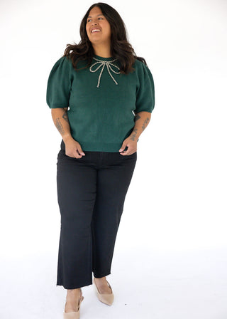 Half Sleeve Beaded Bow Sweater Top – Green