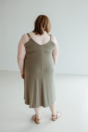 KNEE LENGTH A-LINE CAMI DRESS IN MOUNTAIN OLIVE