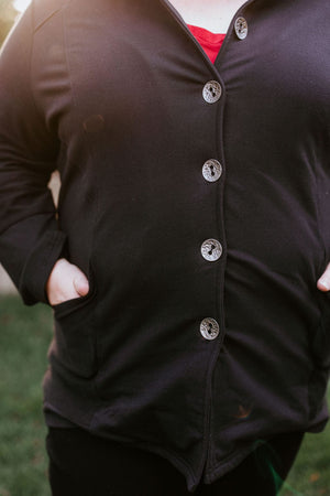 
            
                Load image into Gallery viewer, KNIT BUTTON-UP JACKET IN BLACK
            
        