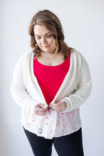 KNIT BUTTON CARDIGAN WITH PEEK-A-BOO LACE