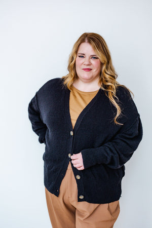 
            
                Load image into Gallery viewer, KNIT BUTTON FRONT CARDIGAN IN BLACK
            
        