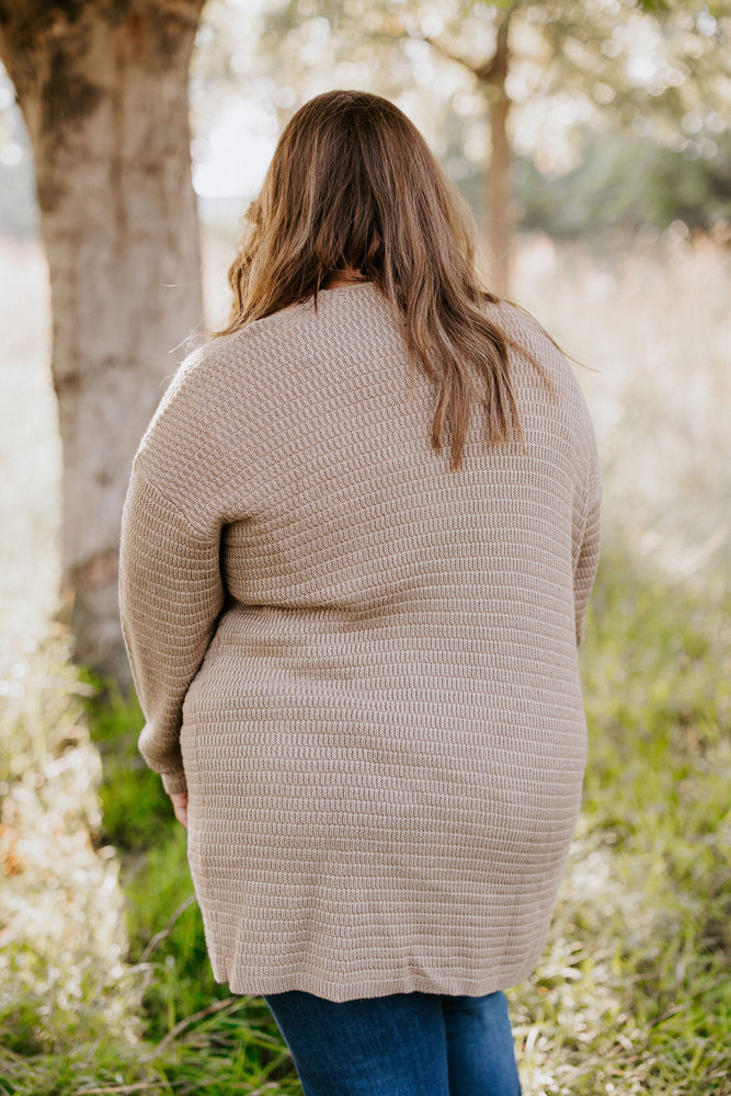 
            
                Load image into Gallery viewer, KNIT STRIPE PATTERN OPEN CARDIGAN IN LIGHT TAUPE
            
        