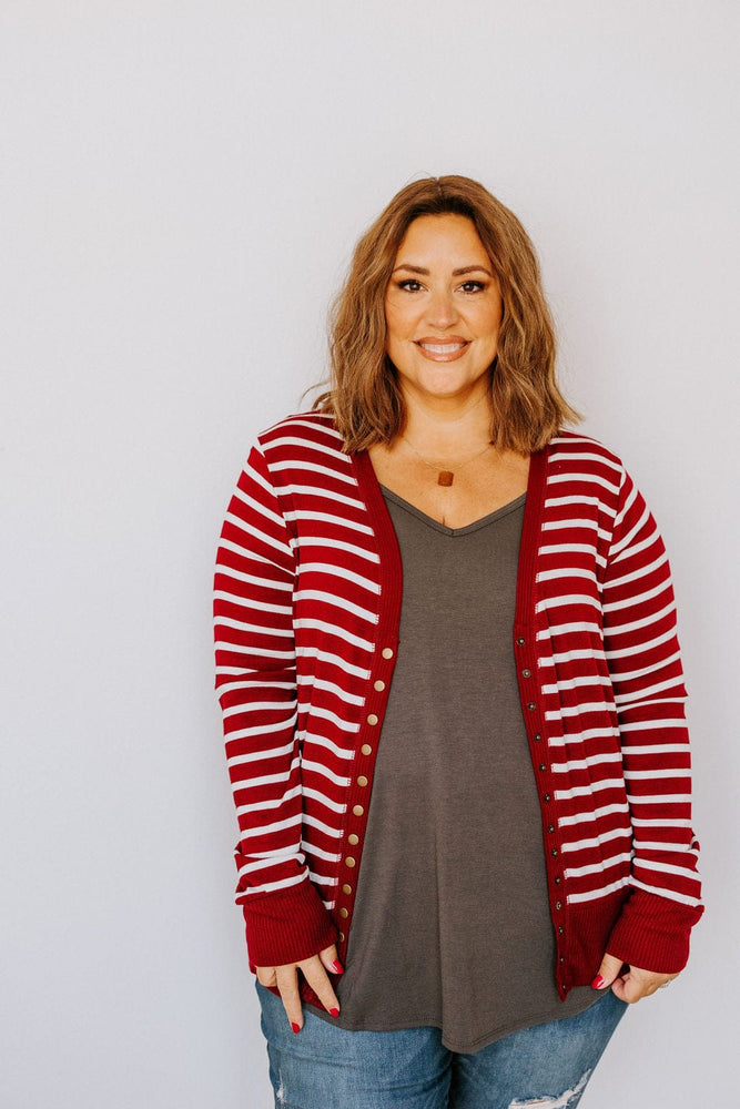 
            
                Load image into Gallery viewer, LIGHTWEIGHT STRIPED SNAP CARDIGAN IN CRANBERRY AND IVORY
            
        