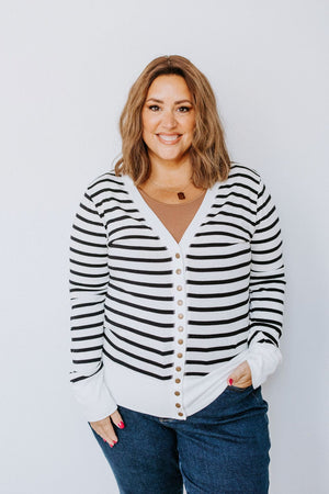 
            
                Load image into Gallery viewer, LIGHTWEIGHT STRIPED SNAP CARDIGAN IN IVORY AND BLACK
            
        