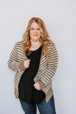 
            
                Load image into Gallery viewer, LIGHTWEIGHT STRIPED SNAP CARDIGAN IN KHAKI AND IVORY
            
        