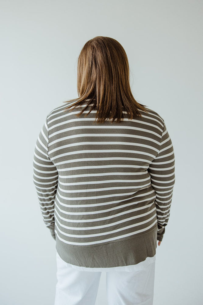 LIGHTWEIGHT STRIPED SNAP CARDIGAN IN LIGHT OLIVE AND IVORY