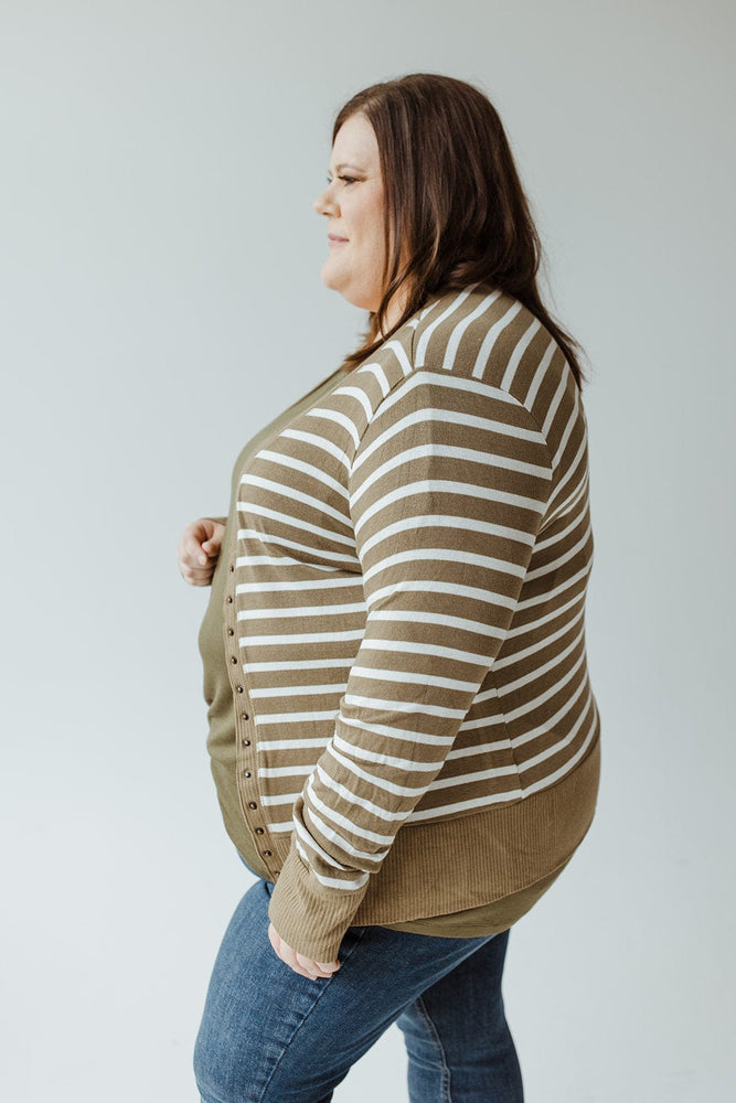 LIGHTWEIGHT STRIPED SNAP CARDIGAN IN KHAKI AND IVORY Love Marlow