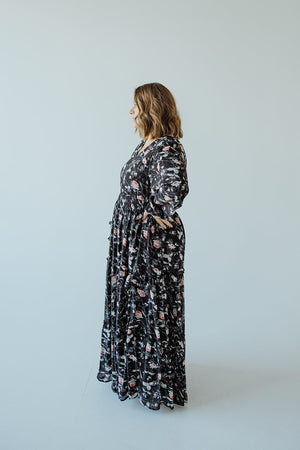 LONG-SLEEVED BOHO FLOOR LENGTH DRESS IN VINTAGE ROSE