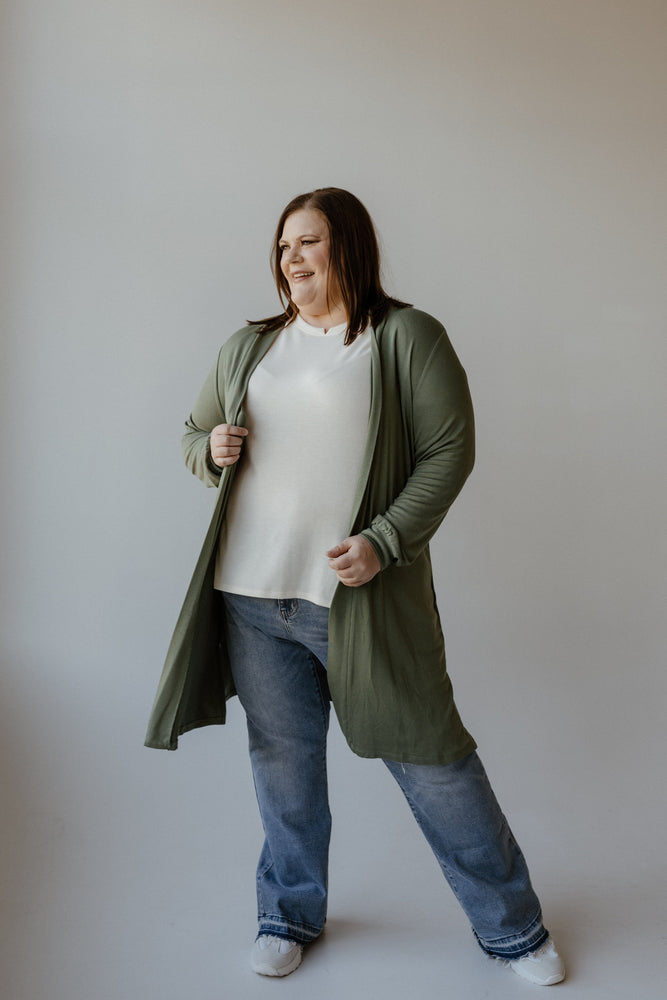 LONG SLEEVE CARDIGAN WITH BACK RUCHING IN FERN