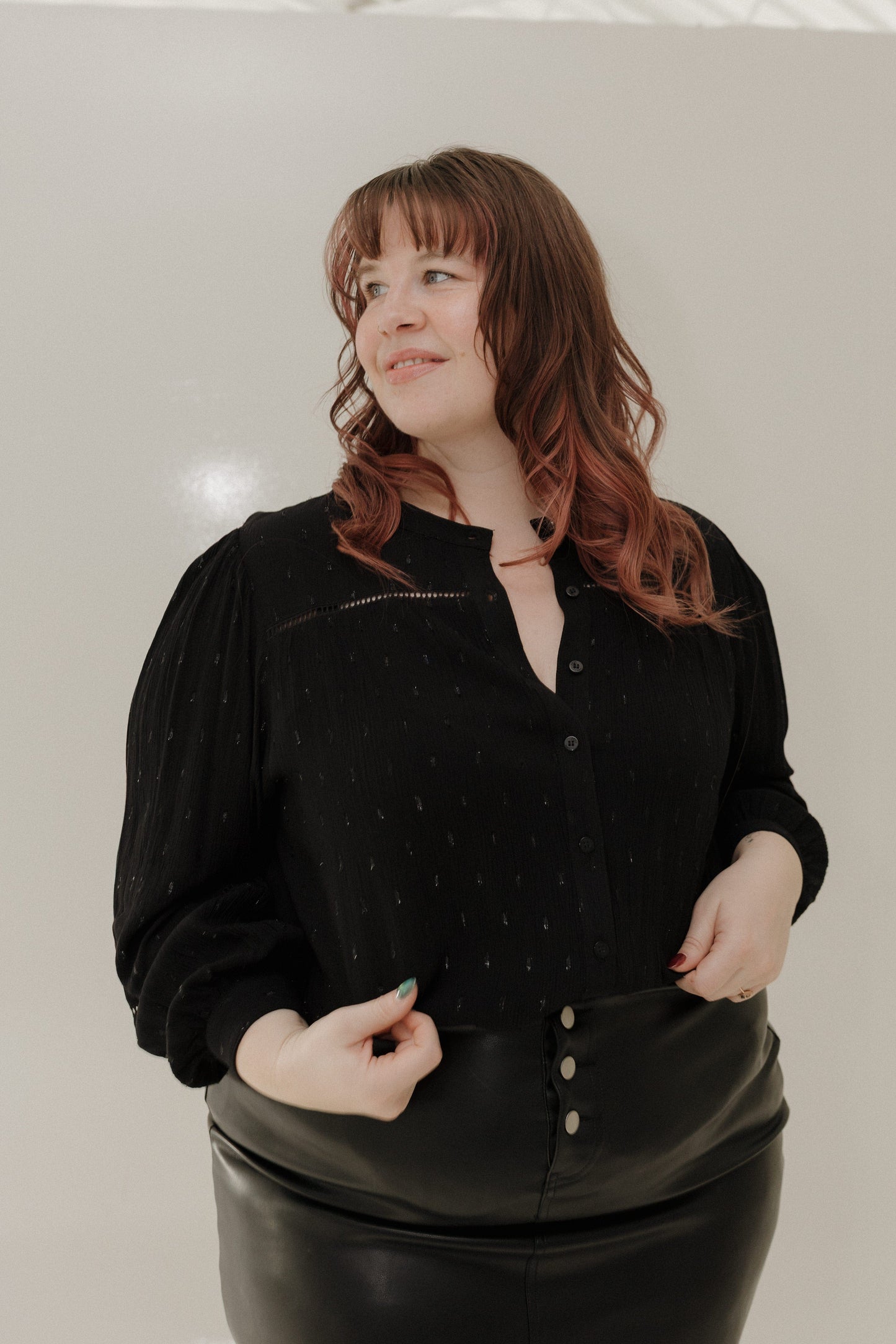 Luxe crepe balloon sleeve blouse with lurex shimmer for mid-size and plus-size women, Love Marlow boutique