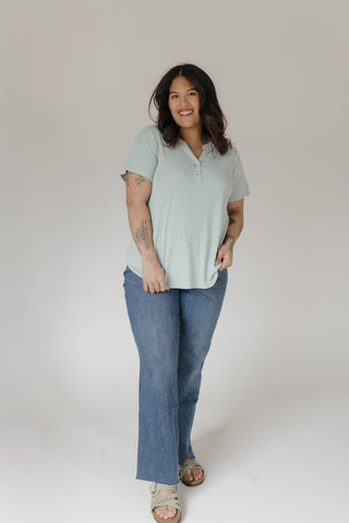 Light Mint Double Button Ribbed V-Neck Boyfriend Tee