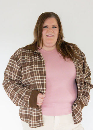 Long Sleeve Button Down Plaid Top – Brown