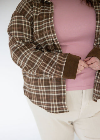 Long Sleeve Button Down Plaid Top – Brown