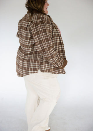 Long Sleeve Button Down Plaid Top – Brown