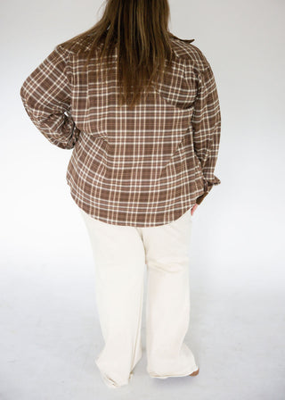 Long Sleeve Button Down Plaid Top – Brown