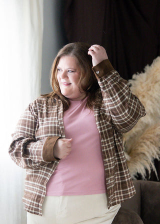 Long Sleeve Button Down Plaid Top – Brown