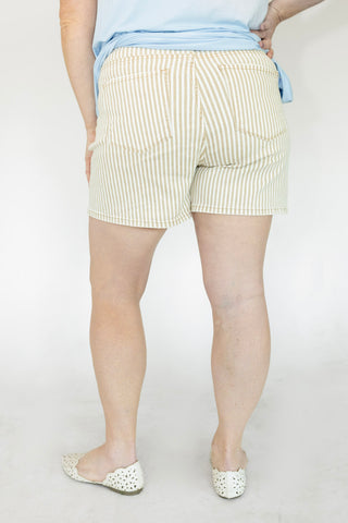 Lovervet Tan Striped Mid-Rise Mom Shorts | Comfort Stretch Denim