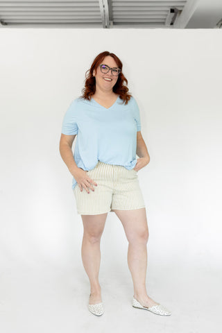 Lovervet Tan Striped Mid-Rise Mom Shorts | Comfort Stretch Denim