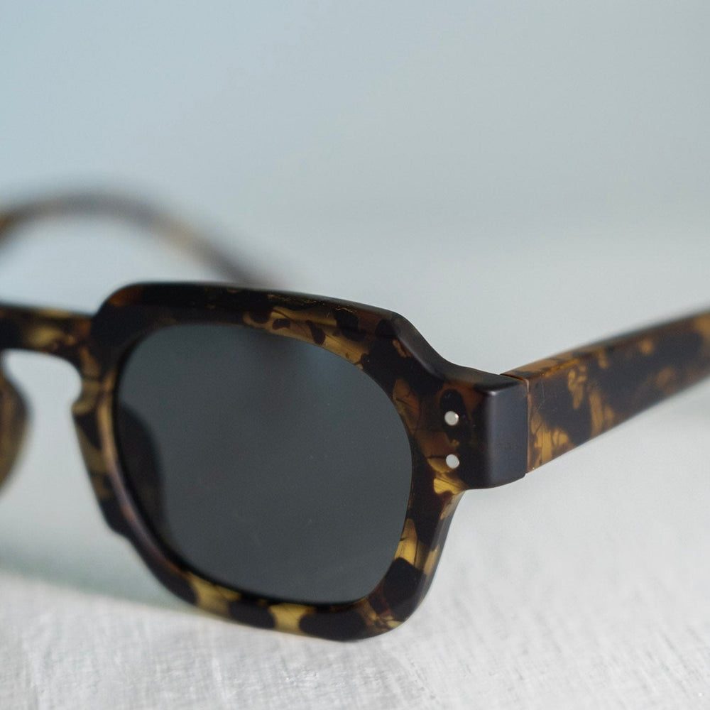 Sunglasses with tortoiseshell frame and dark lenses on a light background