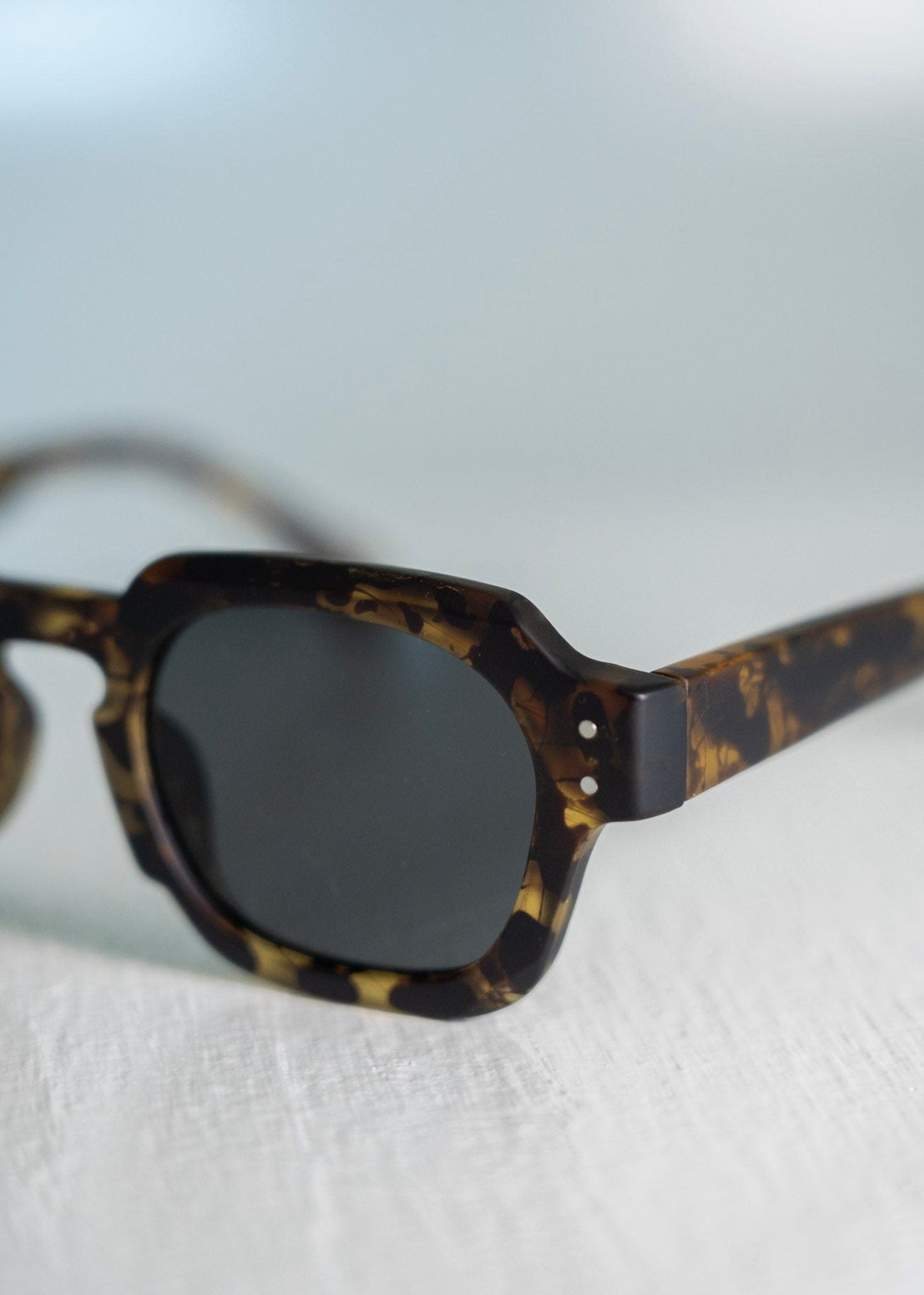 Sunglasses with tortoiseshell frame and dark lenses on a light background