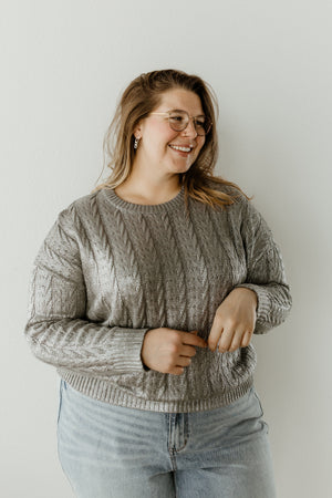 METALLIC SILVER CABLE KNIT SWEATER