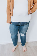 MID-RISE DISTRESSED RELAXED FIT JEANS WITH ROLLED CUFF