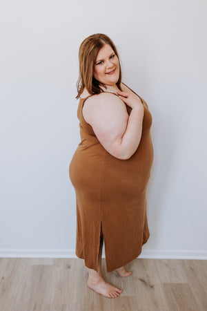 
            
                Load image into Gallery viewer, MIDI LENGTH SLIP DRESS IN RAW UMBER
            
        