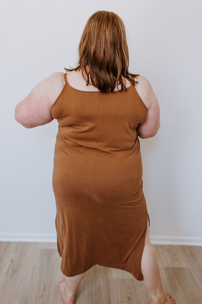 
            
                Load image into Gallery viewer, MIDI LENGTH SLIP DRESS IN RAW UMBER
            
        