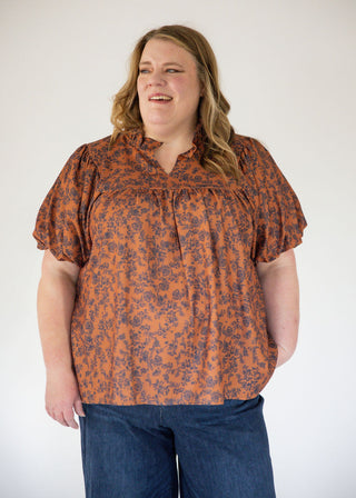 Notch Neck Floral Empire Waist Top – Brown