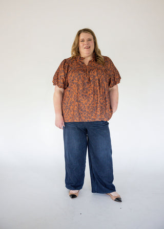 Notch Neck Floral Empire Waist Top – Brown