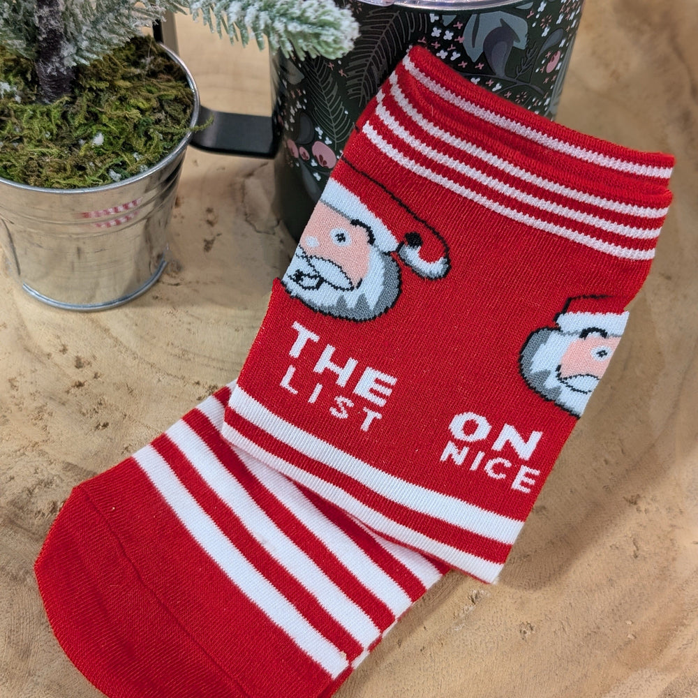 Cozy red and white holiday socks featuring Santa faces and stripes, with "On the nice list" written across them. They're elegantly displayed on a wooden surface beside a small potted plant, capturing the festive spirit.