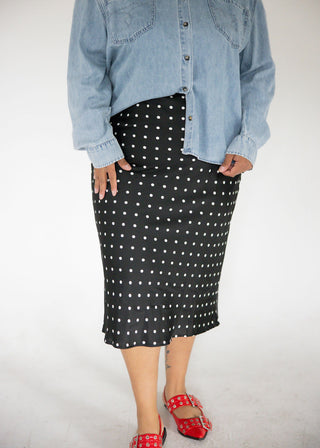Polka Dot Print Midi Skirt – Black | Cream