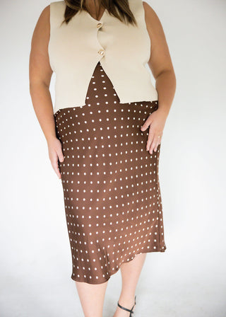 Polka Dot Print Midi Skirt – Brown | Taupe