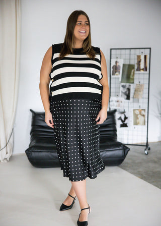 Polka Dot Print Midi Skirt – Black | Cream