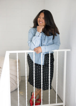 Polka Dot Print Midi Skirt – Black | Cream