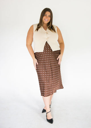 Polka Dot Print Midi Skirt – Brown | Taupe