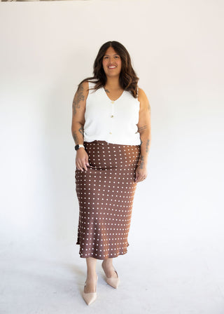 Polka Dot Print Midi Skirt – Brown | Taupe