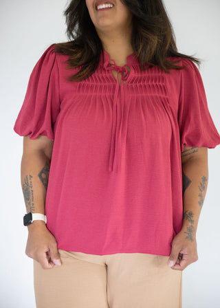 Puff Sleeve Pintuck Neck-Tie Woven Top – Dusty Mauve