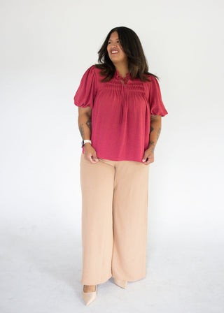 Puff Sleeve Pintuck Neck-Tie Woven Top – Dusty Mauve
