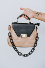 QUILTED SATCHEL WITH CHAIN DETAIL IN TAN
