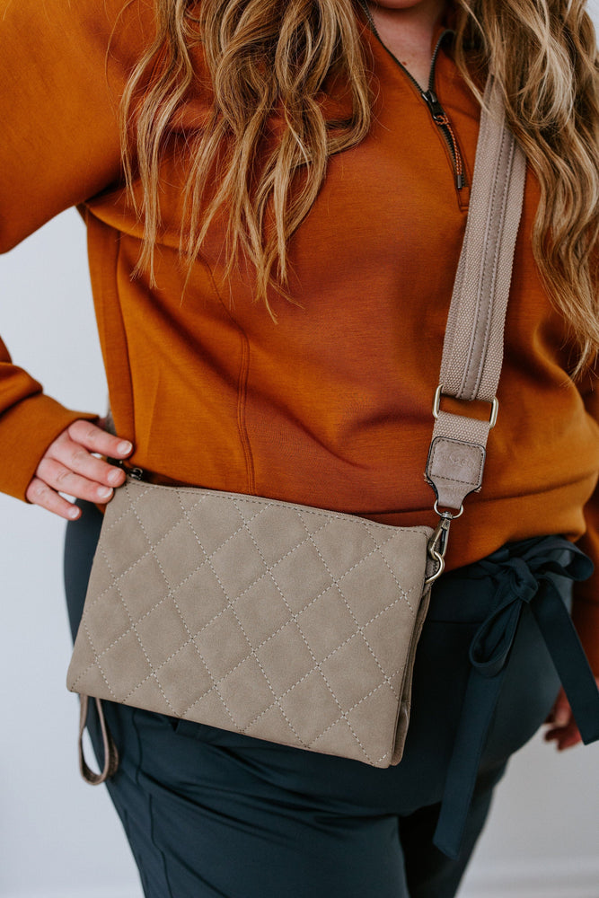 QUILTED SUEDE CLUTCH IN GREY TAUPE