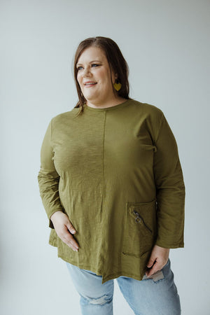 RAW EDGE TUNIC WITH POCKET DETAIL IN PICKLE