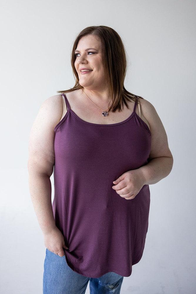 REVERSIBLE NECK CAMI IN FROSTED EGGPLANT