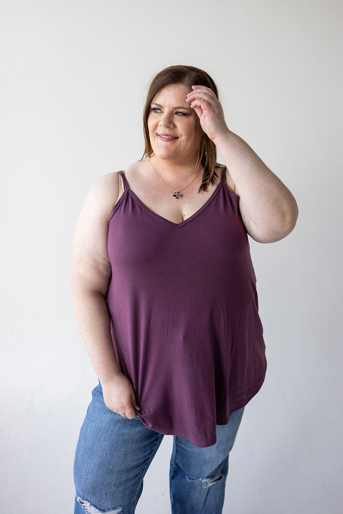 REVERSIBLE NECK CAMI IN FROSTED EGGPLANT
