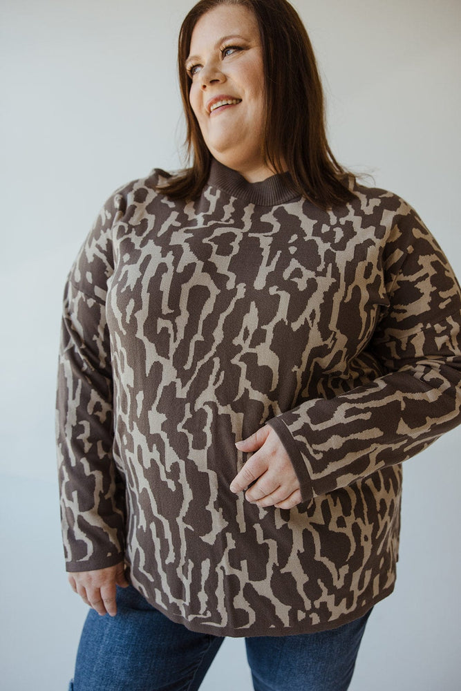 RIBBED MOCK NECK ANIMAL PRINT SWEATER