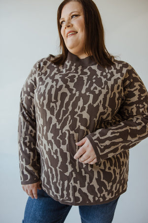 RIBBED MOCK NECK ANIMAL PRINT SWEATER