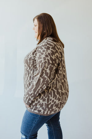 RIBBED MOCK NECK ANIMAL PRINT SWEATER